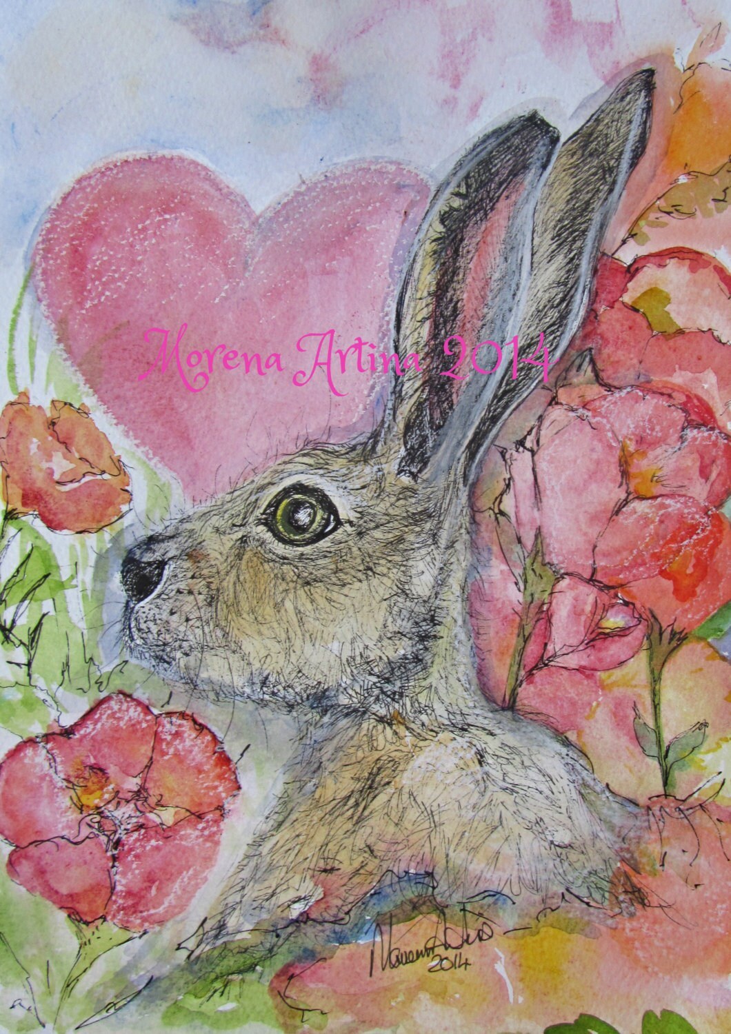 Hearts and Flowers Hare Illustration — Print
