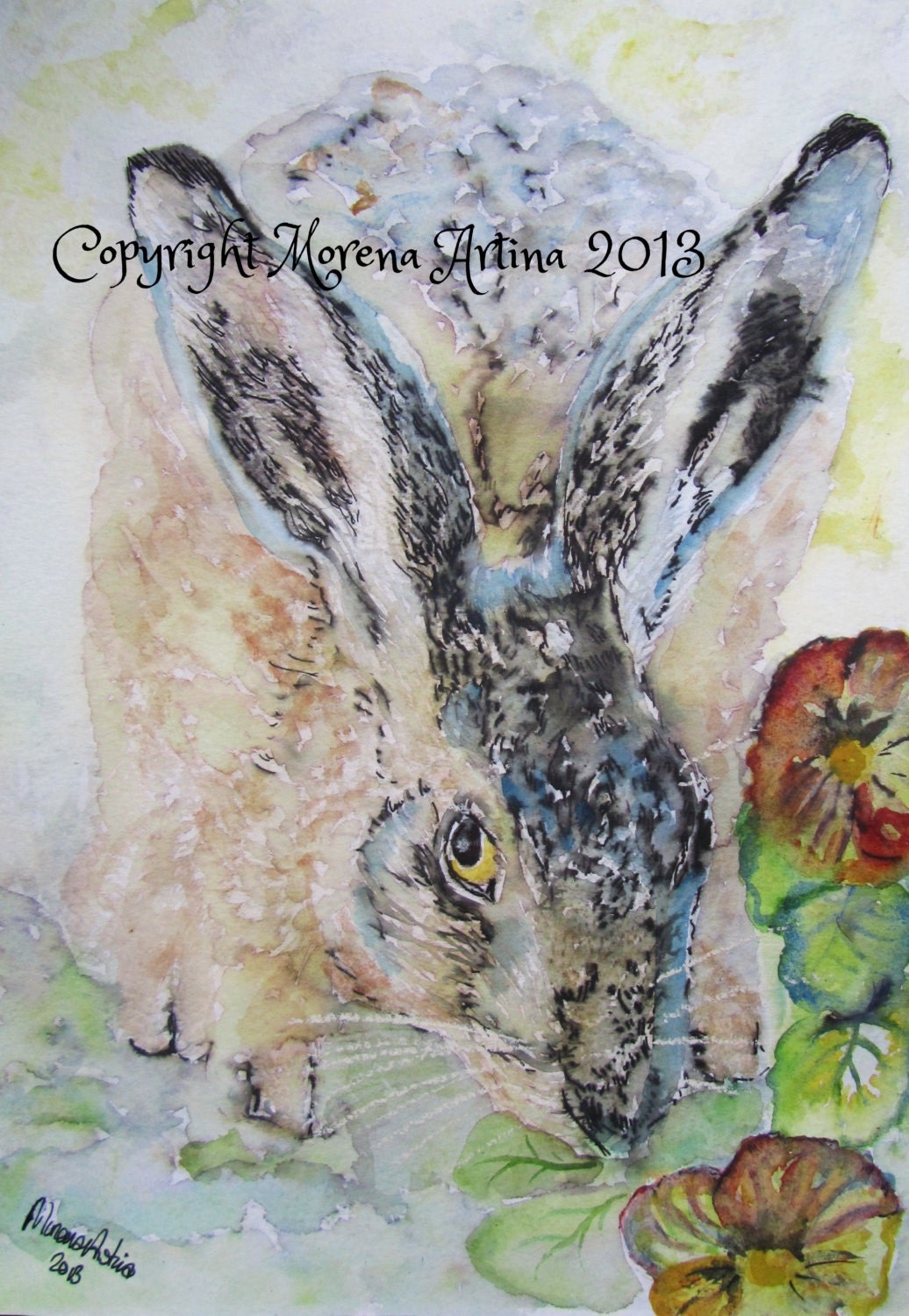 Hare and Pansies — Print