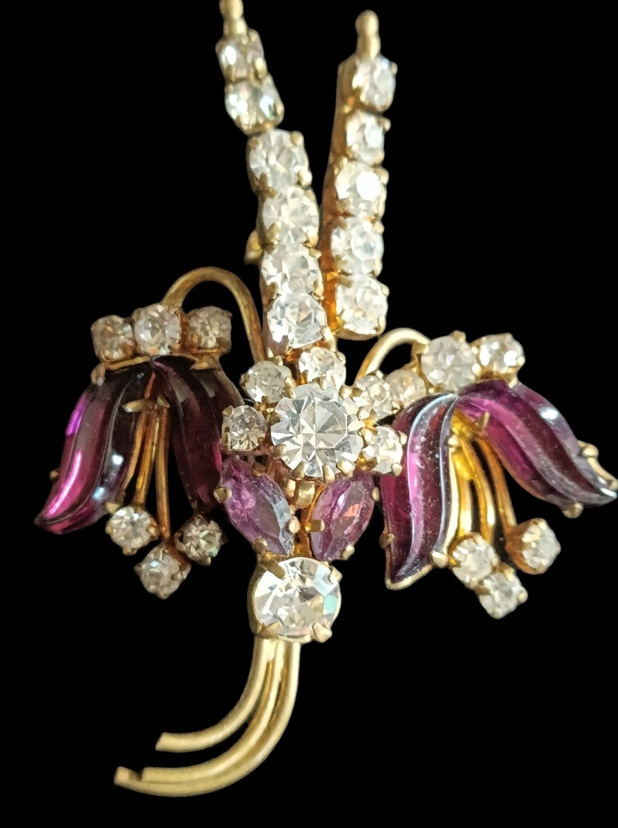 Amethyst Glass Austrian Crystal Gilt Brooch — view 2