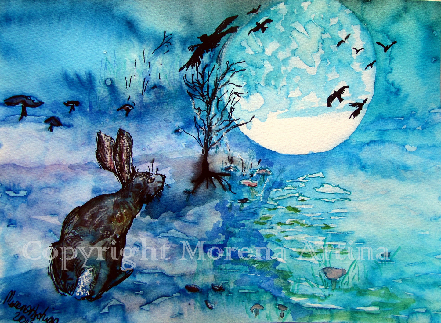"Moongazing Hare, Crow and Tree" Print - Canvas / Print / Poster various sizes, from original painting