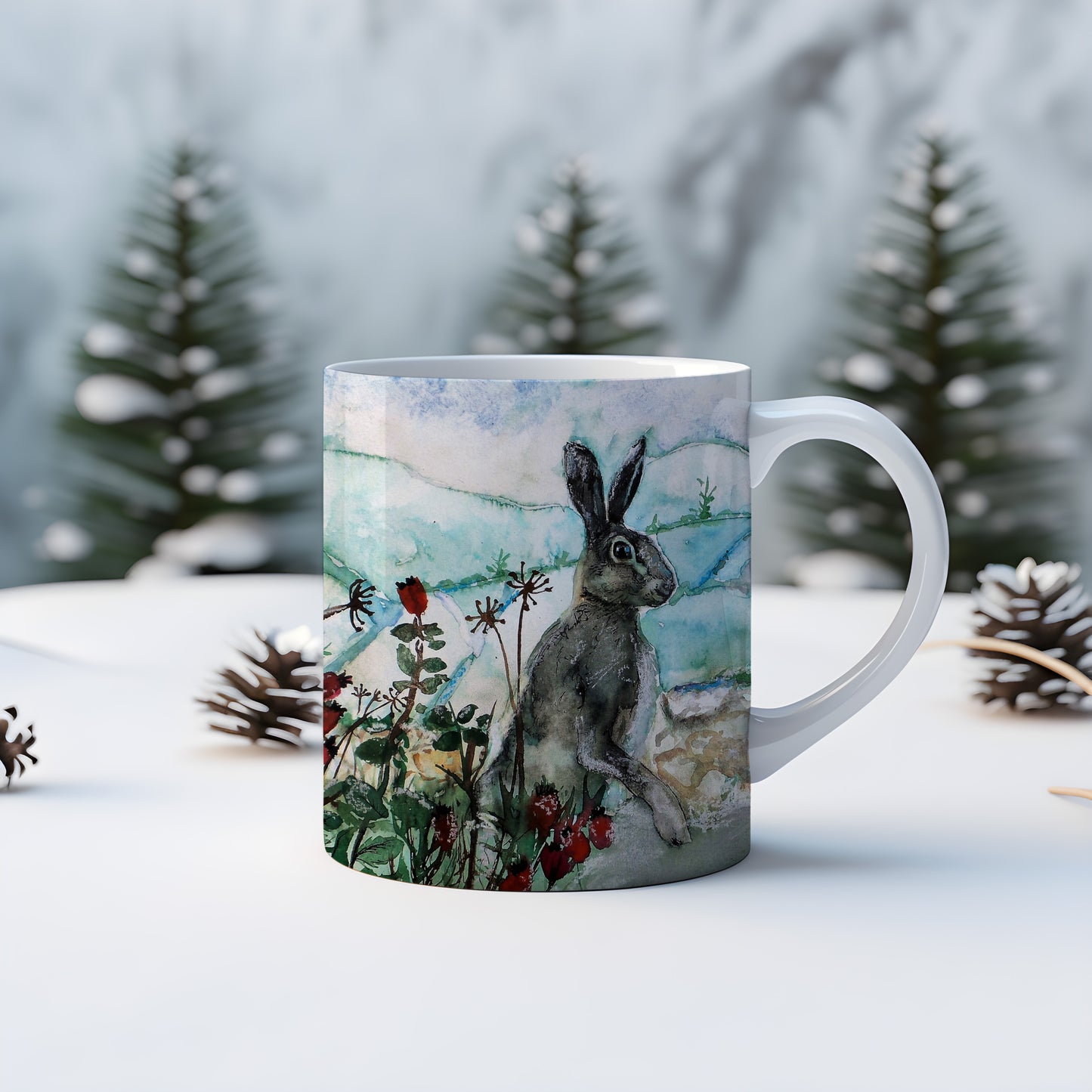 Set of 4 Festive Hare Christmas Mugs