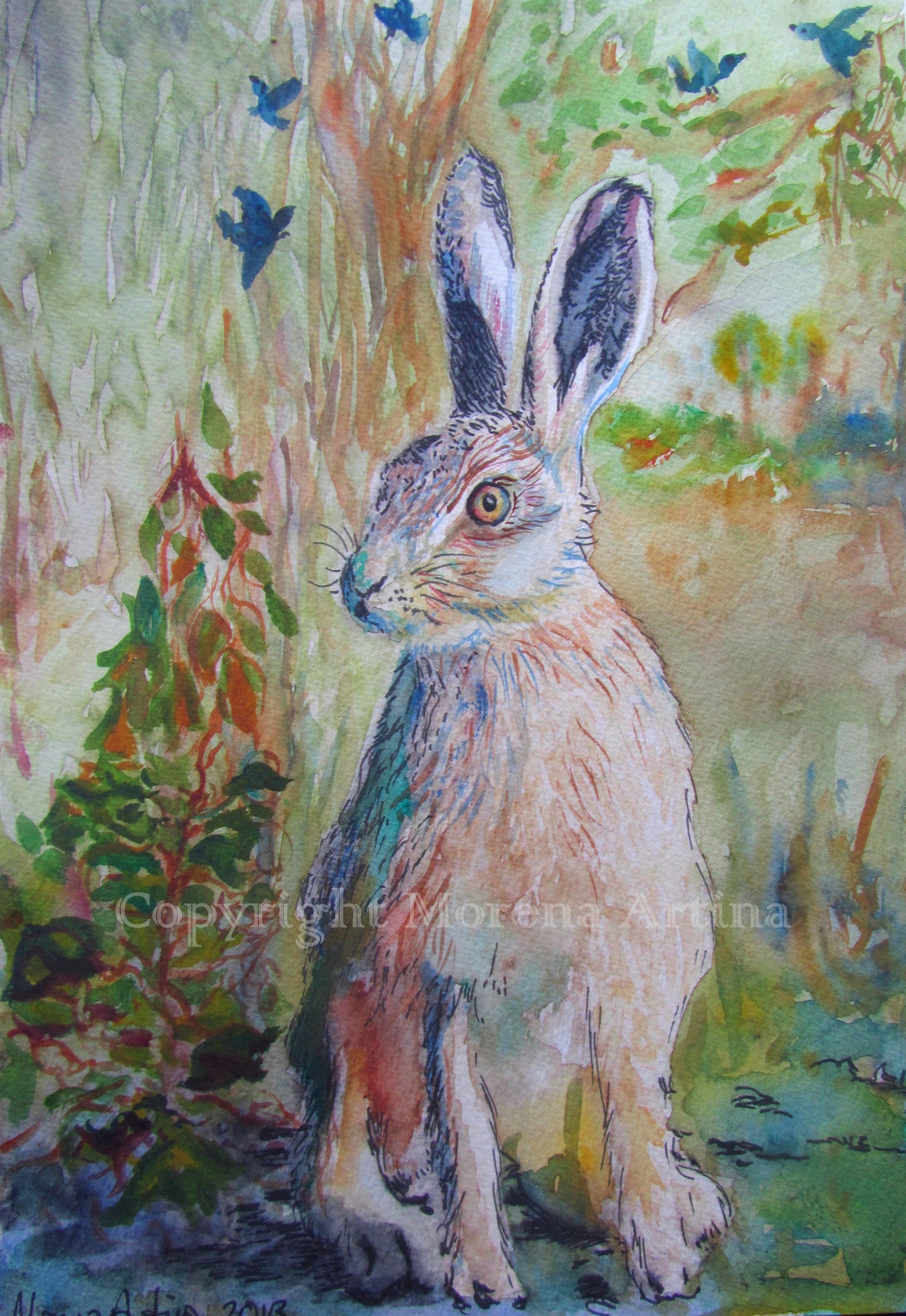 "Hare and Bluebirds" Print - Canvas / Print / Poster various sizes, from original painting