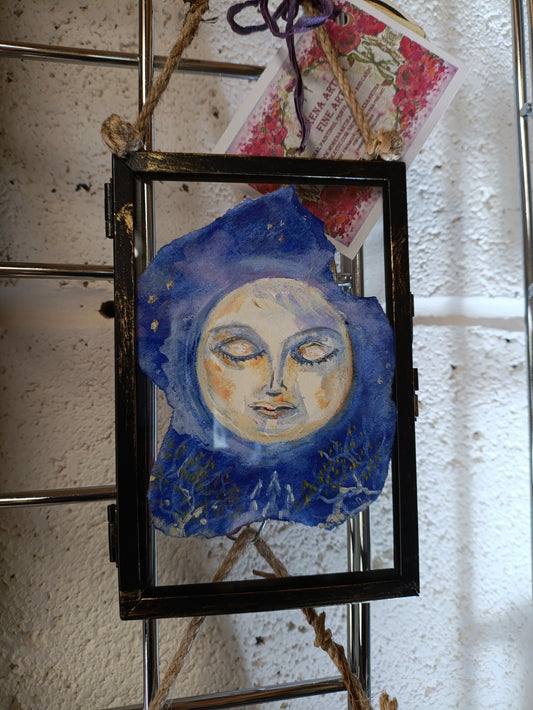 Hanging Original Watercolour Painting Hares and Moon