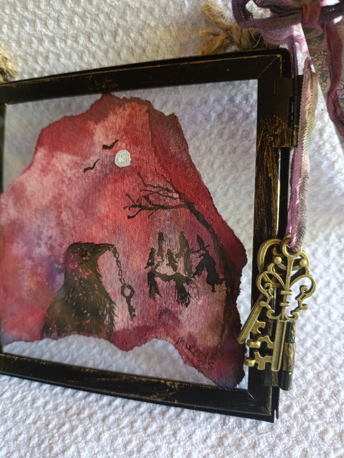 Crow and Key Original Watercolour Hanging Frame