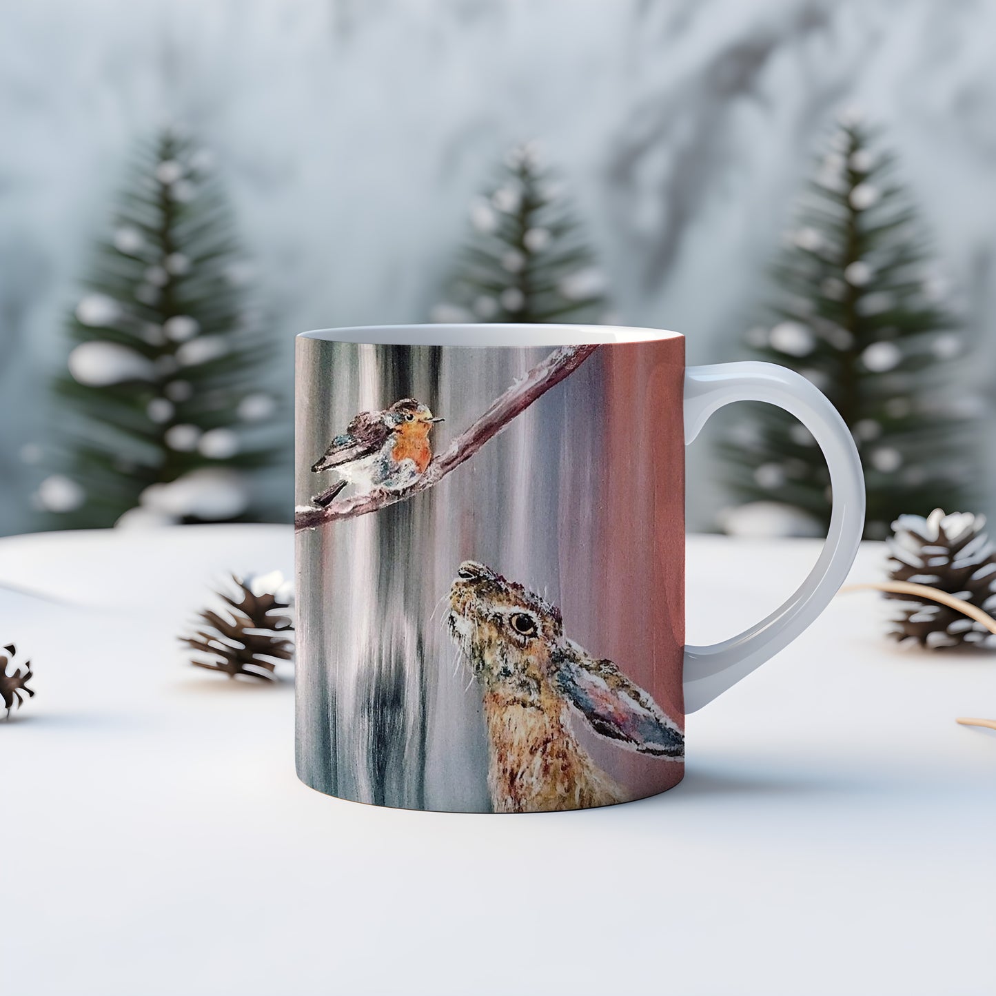 Festive Robin and Hare Christmas mug