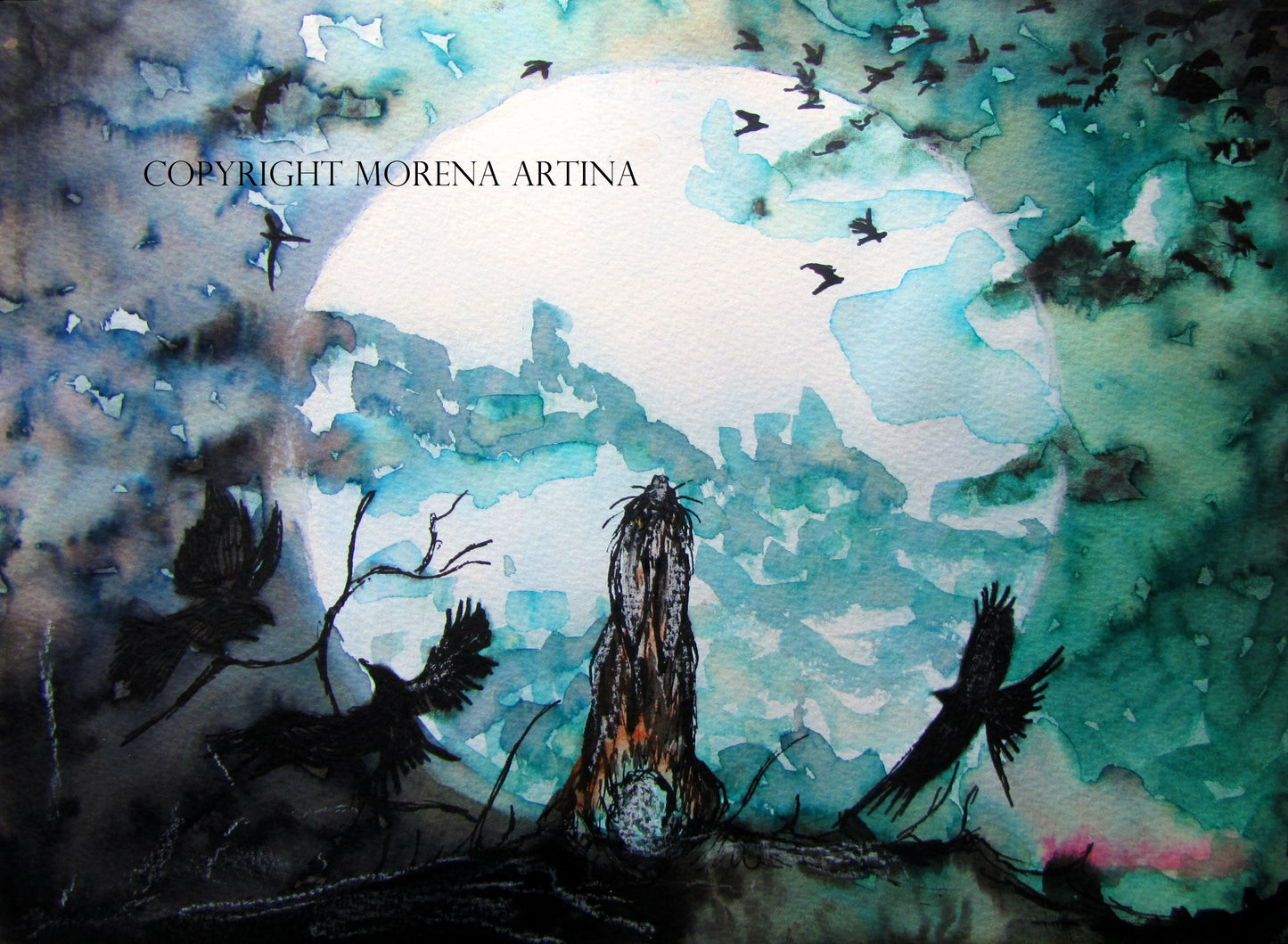 "Moongazing hare and crows" Print - Canvas / Print / Poster various sizes, from original painting