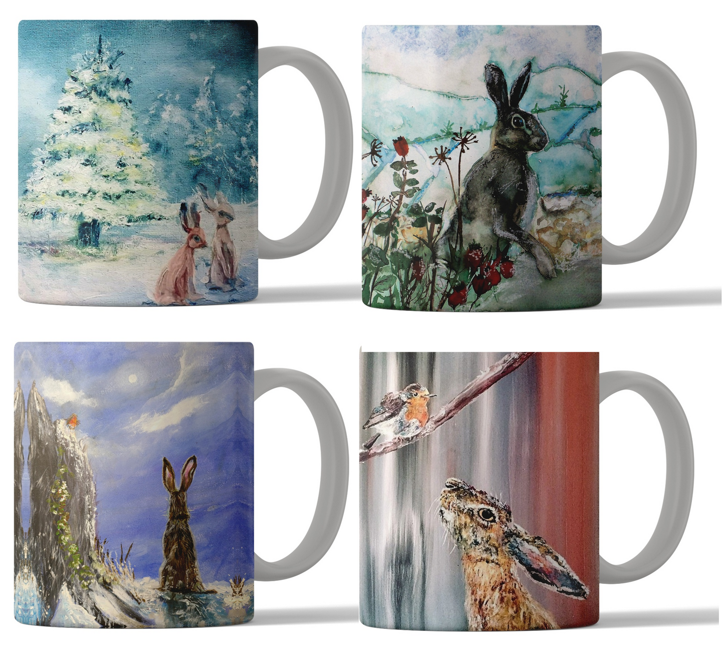 Set of 4 Festive Hare Christmas Mugs